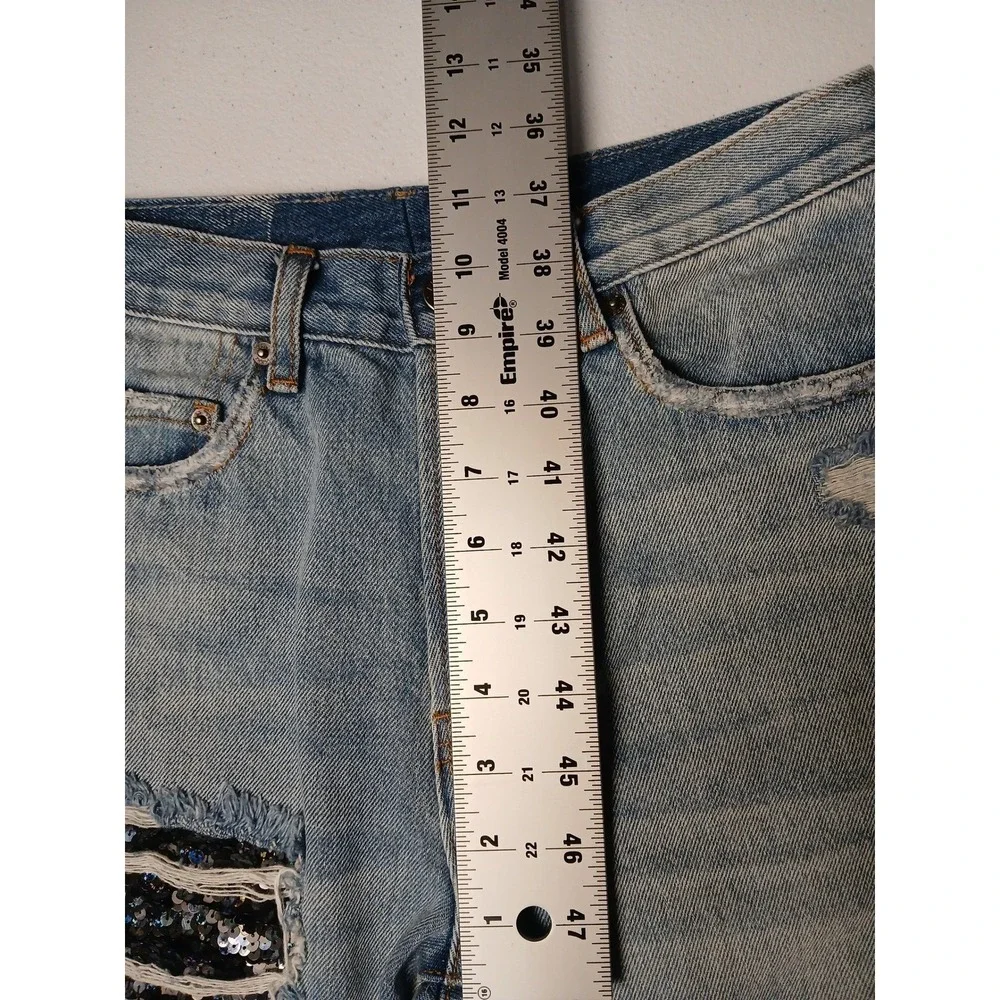 Free People Distressed‎ Sequin Patch Light Wash Straight Leg Jeans Womens 27